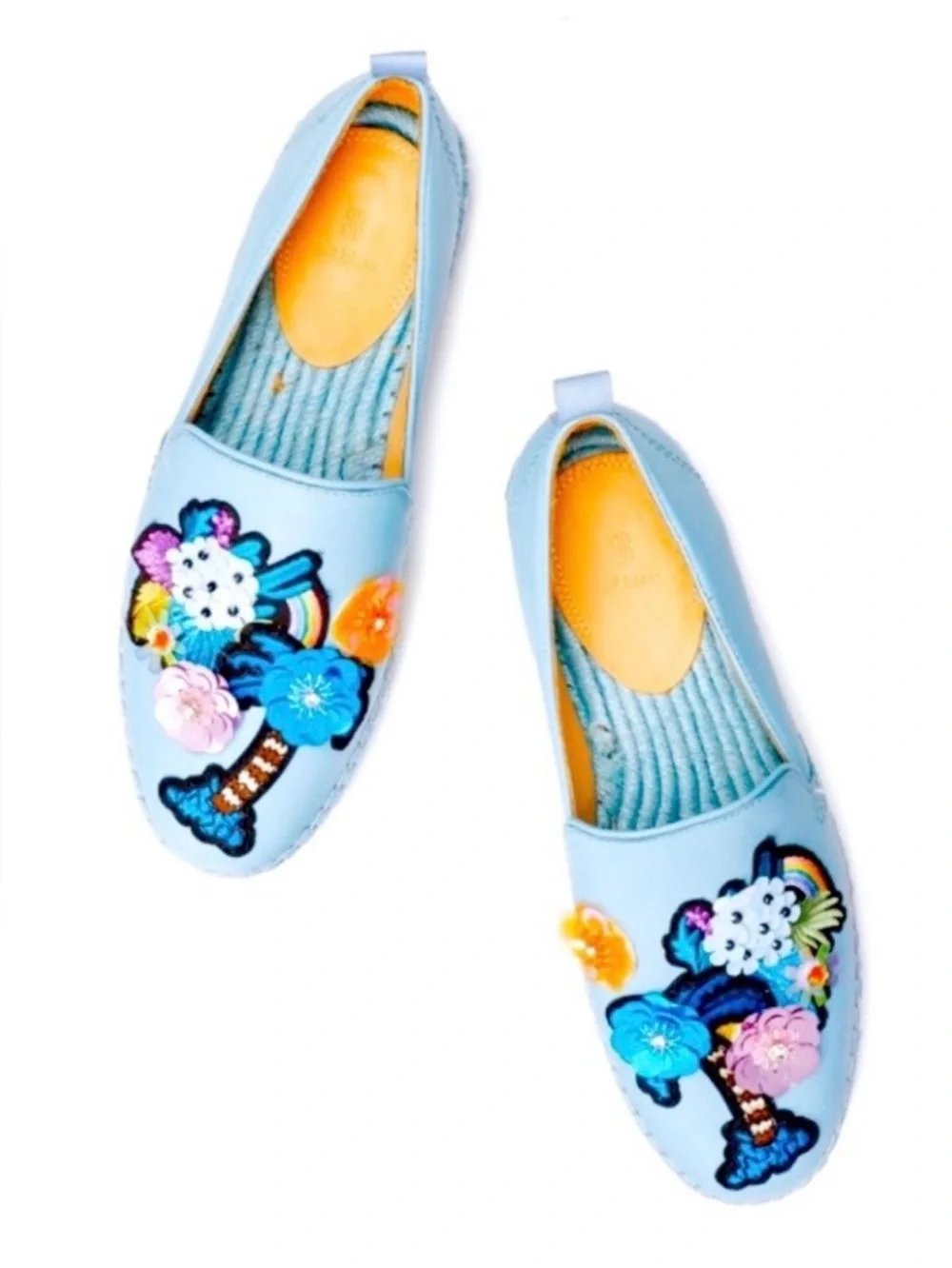 Bill Blass Sutton Espadrille Aqua Leather Sequin Floral Flats NWT SZ 8 Dopamine